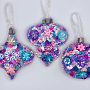 Pink/Purple/Blue Handmade Beaded and Sequined Felt Vintage Ornament Set - 3 Piece Set - Sequin Ornament - Christmas Ornament - Vtg Inspired