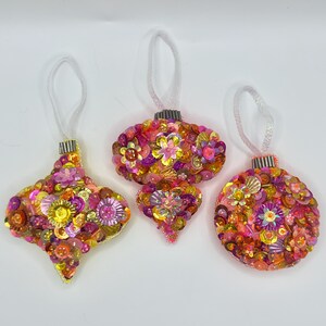 Pink/Orange/Yellow Handmade Beaded and Sequined Vintage-Style Felt Ornament Set - 3 Piece Set - Sequin Ornaments - Christmas Ornaments