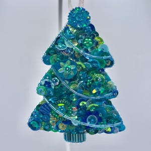 Turquoise Blue Green Handmade Beaded and Sequined Felt Tree Ornament - Sequin Ornament - Kitsch Holiday Decor - Christmas Ornament