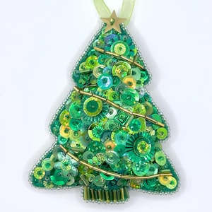 Green Handmade Beaded and Sequined Felt Tree Ornament - Sequin Ornament - Kitsch Holiday Decor - Christmas Ornament - Vintage Inspired