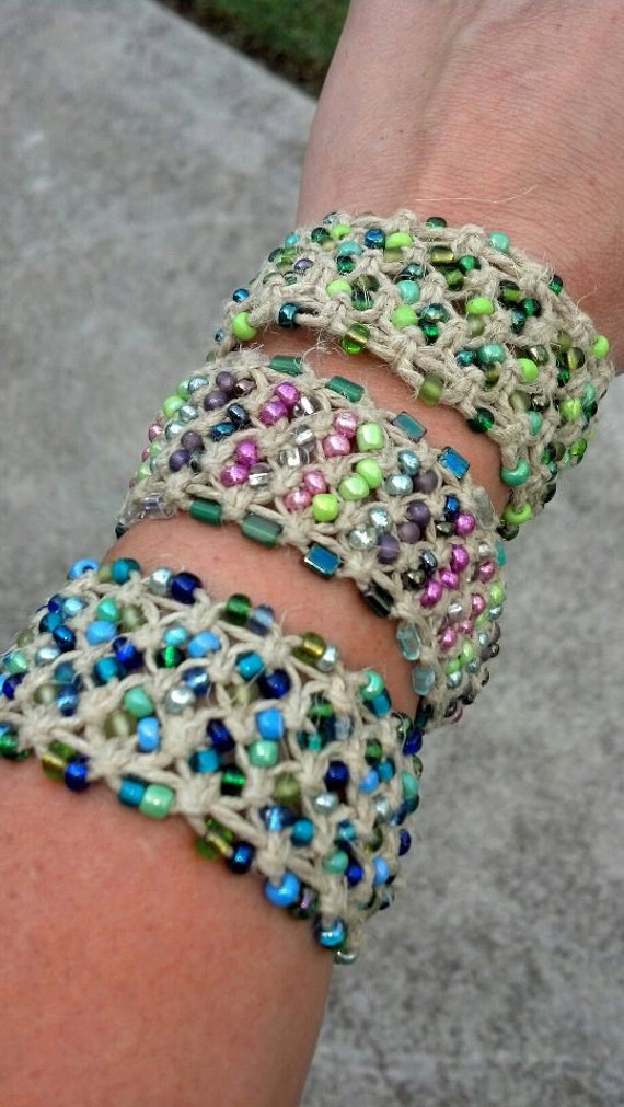 Items similar to Wide Hemp Bracelet with Glass Beads on Etsy