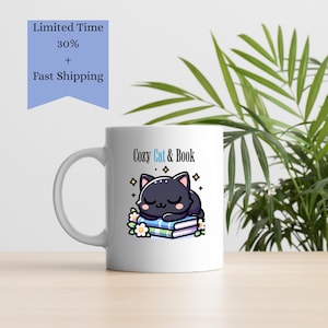 Books, Cats & Coffee Mug – Perfect Reading Gift for Her, Cute Cat Lover Coffee Cup, Cozy Book Mug for Women Readers