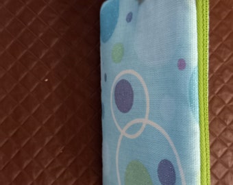 Small makeup coin small items fabric padded zipped pouch retro light blue colour with circles side clip Ready to ship