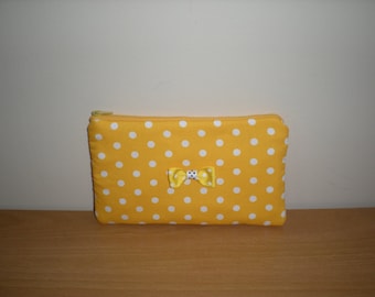 Makeup/cosmetic/pencil case pouch yellow white polka dots with lemon lining and bow READY TO SHIP