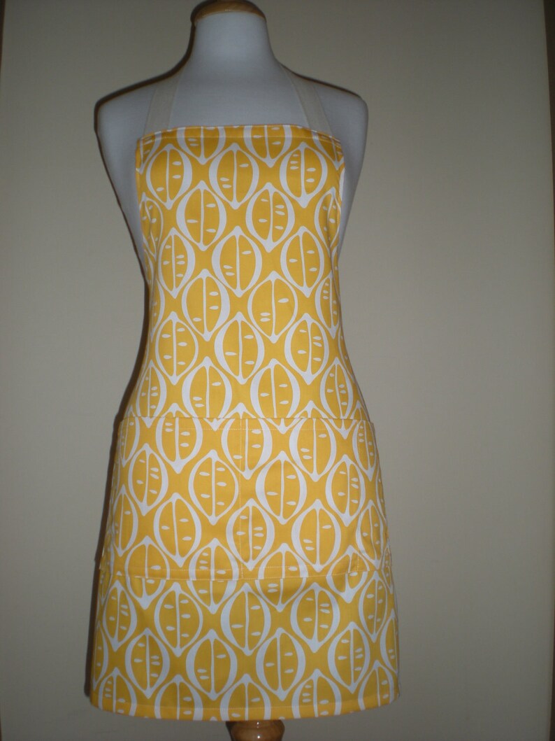 Unisex Apron His or Hers citrus yellow lemon print Barbecue apron with two large pockets one narrow pocket cotton drill kitchen tea gift