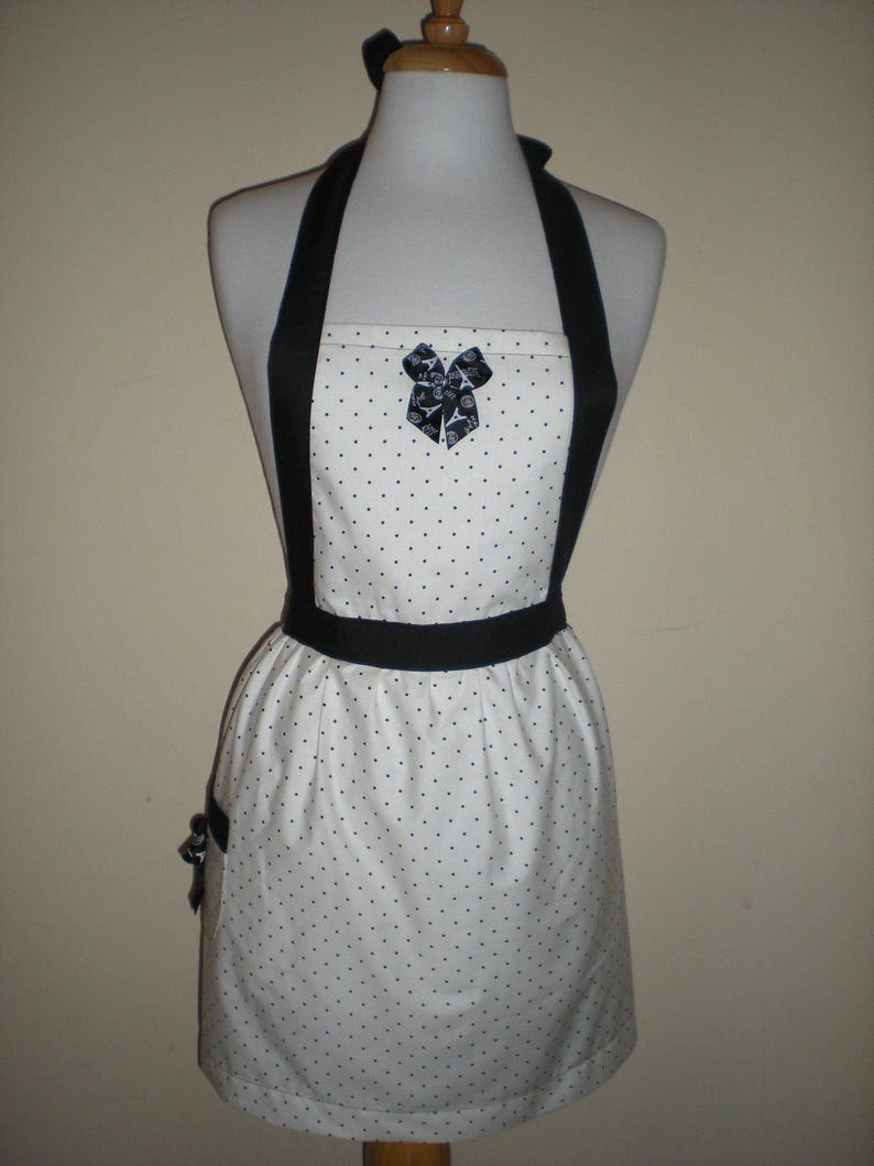 Candy striper style vintage cream black polka dot apron with bow great for kitchen teas bridal showers cotton fabric Ready to ship