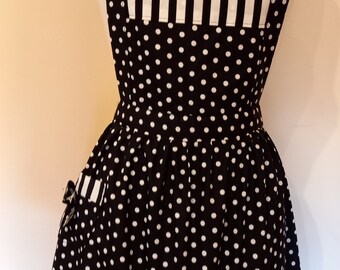 Vintage 50s style handmade black with white polka dot apron with contrasting stripes on bib gift idea bridal shower birthday kitchen gift