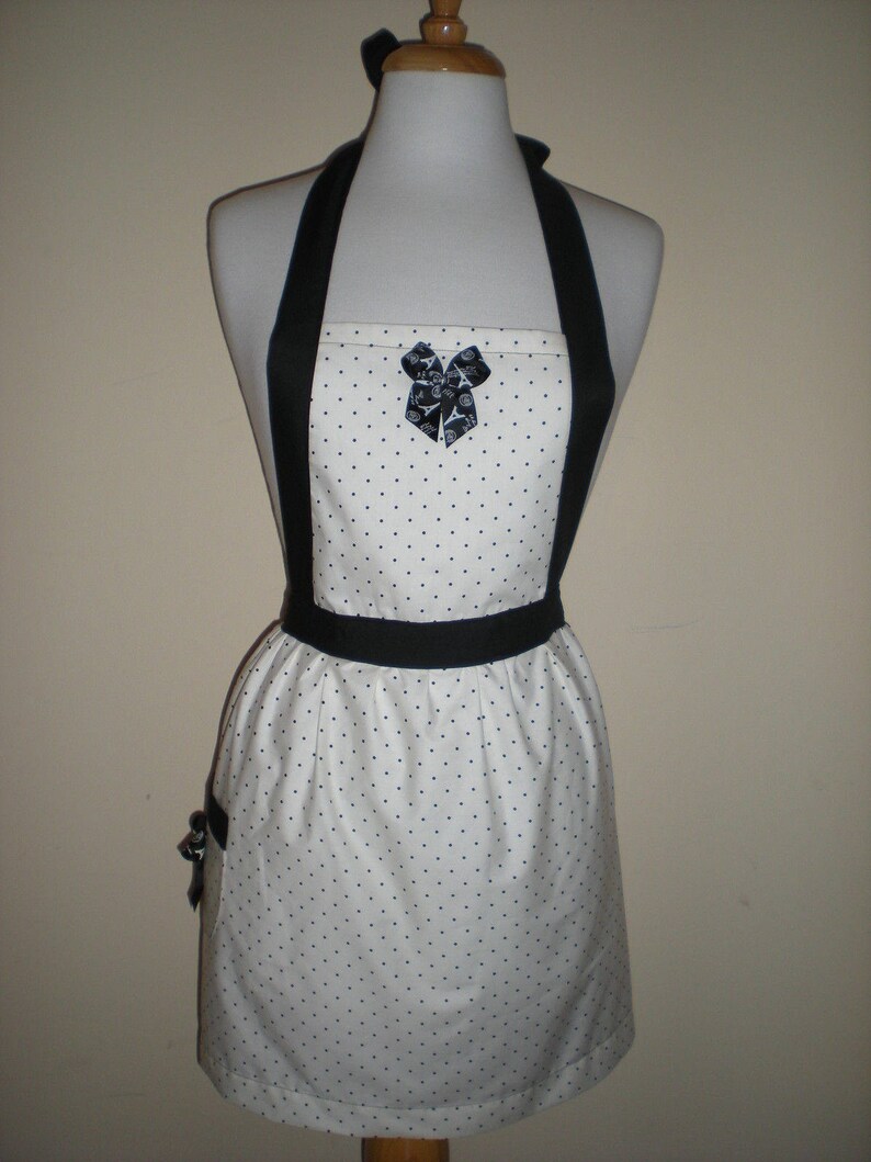 Candy striper style vintage cream black polka dot apron with bow great for kitchen teas bridal showers cotton fabric Ready to ship