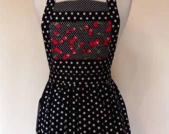 Vintage style inspired black white polka dots and cherry fabric apron great kitchen apron mum sister friend gift