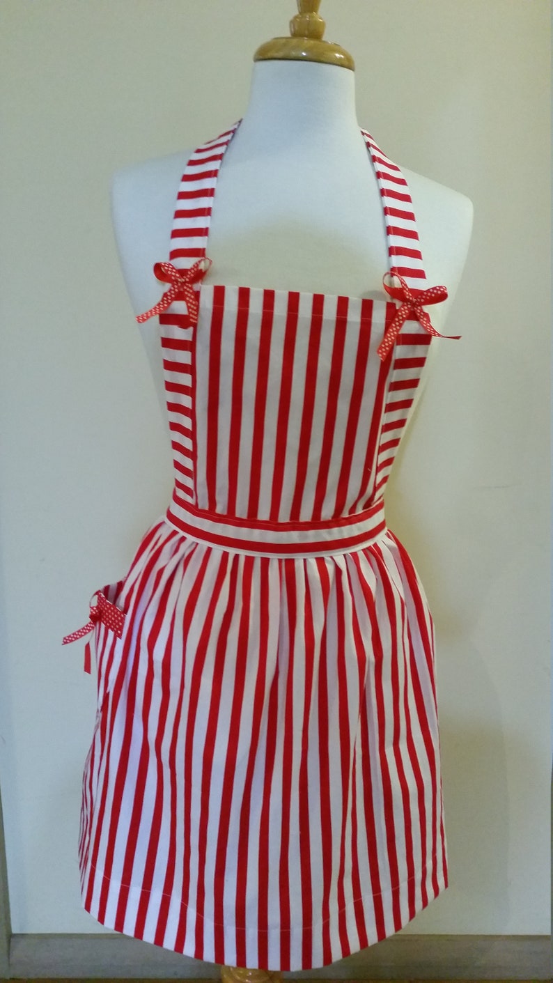 Australian handmade Candy striper apron red and white stripes with bows great for kitchen teas bridal showers and parties cotton fabric