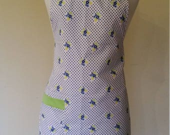 Cotton apron white blue polka dots with floral print traditional style fully polyester lining Ready to ship