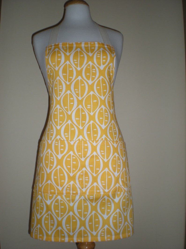 Unisex Apron His or Hers citrus yellow lemon print Barbecue apron with two large pockets one narrow pocket cotton drill kitchen tea gift