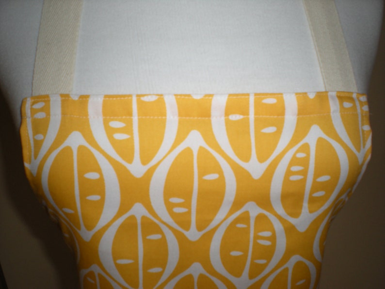 Unisex Apron His or Hers citrus yellow lemon print Barbecue apron with two large pockets one narrow pocket cotton drill kitchen tea gift