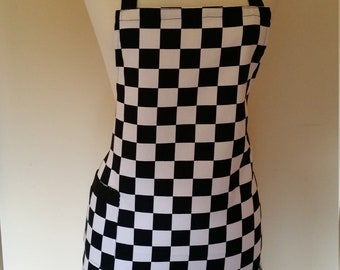 Handmade Apron checkered black white racing car flag print cotton fabric Barbecue style Ready to ship great for kitchen teas bridal showers