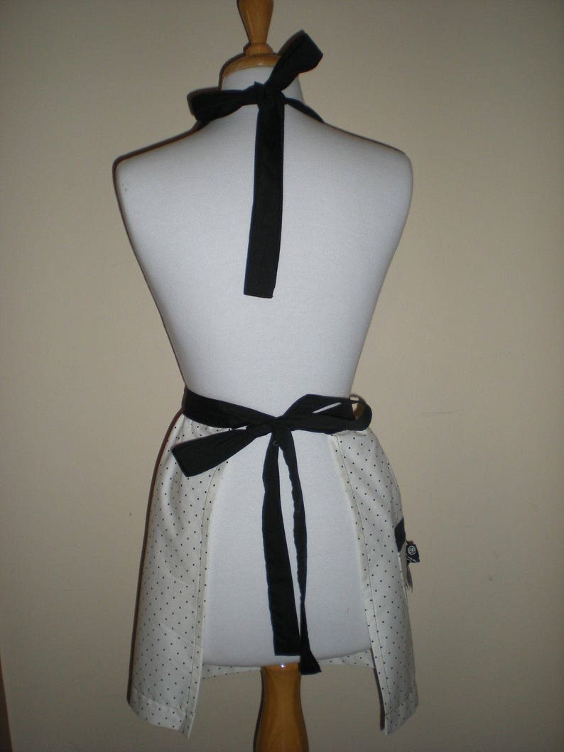 Candy striper style vintage cream black polka dot apron with bow great for kitchen teas bridal showers cotton fabric Ready to ship