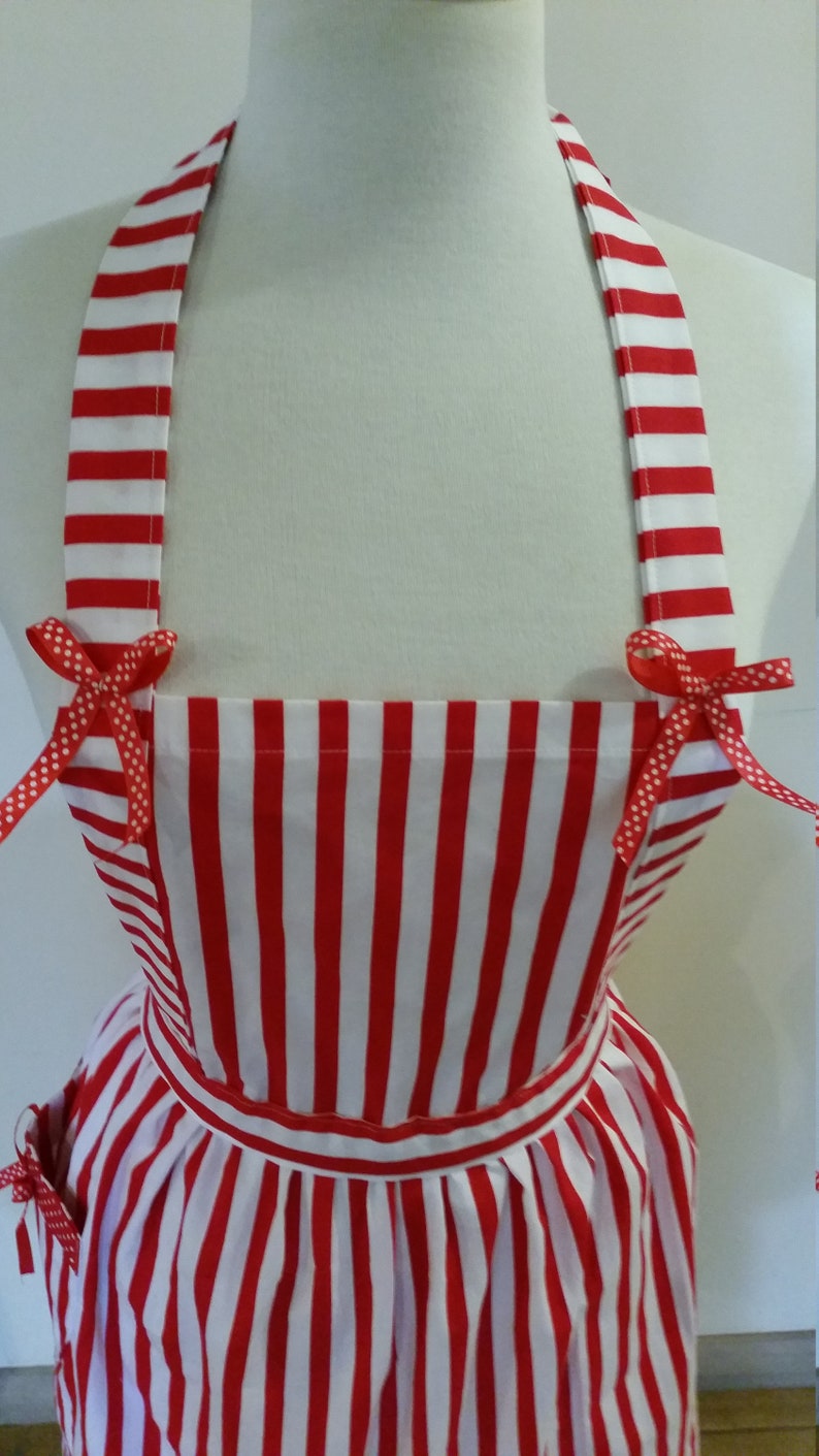 Australian handmade Candy striper apron red and white stripes with bows great for kitchen teas bridal showers and parties cotton fabric