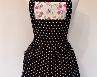 Vintage 50s style handmade black with white polka dots apron with contrasting cherries on bib gift idea bridal shower birthday kitchen gift