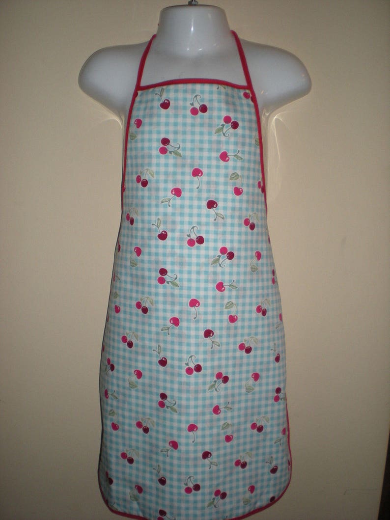 Childrens cute and adorable reversible full length apron for kids cherry checkered prints ages 5-7