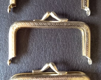 Three vintage metal elegant gold frame rectangular shape 7.5 cm kiss clasp retro clutch or coin purse accessory Great for DIY projects