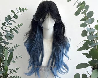 Black Blue Ombre Wig with Bangs, Black Wig with Blue Highlights Long Wavy Wig, Blue Anime Curly Wig, Halloween Cosplay Wig for White Women