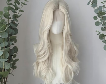 25‘’ White Gold Long Curly Wig, Pale Gold Wigs, Long Wavy Hair Wigs, Big Wave Wigs for Women, Lace Front Wigs, Halloween Party Cosplay Wigs