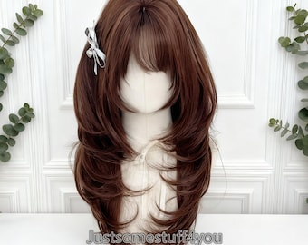 Braune lockige Perücke mit Pony, süße Schokolade lange natürliche Perücke, tägliche braune Perücke, Damenperücke, Halloween Cosplay Perücke, natürliche lange Perücke für Frauen
