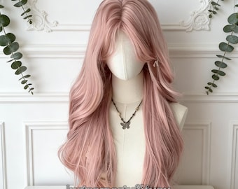 Peluca grande rizada con raya al medio en color rosa claro, peluca larga y rizada con ondas grandes de color rosa Sakura para mujer, peluca frontal de encaje, peluca para disfraz de cosplay de Halloween.