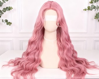 Peluca larga y ondulada rosa de 25 pulgadas, con flores, estilo floral, para mujer. Peluca con frontal de encaje, raya al medio, ideal para fiestas de Halloween y cosplay. Peluca para drag queen.