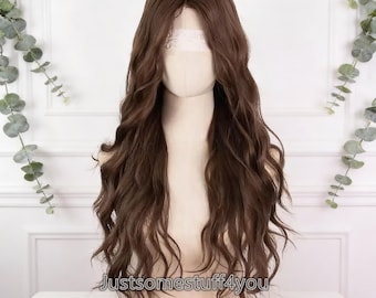 Parrucca riccia lunga in lana con riga centrale, castano cenere, 27", parrucca naturale ondulata castana, parrucca castana per tutti i giorni, parrucca da donna, parrucca per Halloween, parrucca frontale in pizzo