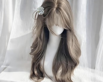 Lange lockige braune Perücke mit Pony, natürliche braune Perücken für Frauen, lang gewellte Cosplay Perücke, täglich gewellte Perücke für Party, Halloween Cosplay Party Perücken
