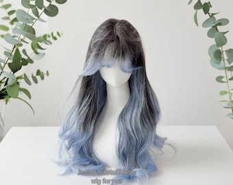 24'' Black Blue Ombre Wave Wig with Bangs, Black Wig with Blue Highlights Long Wavy Wig, Blue Anime Curly Wig, Halloween Cosplay Party Wigs