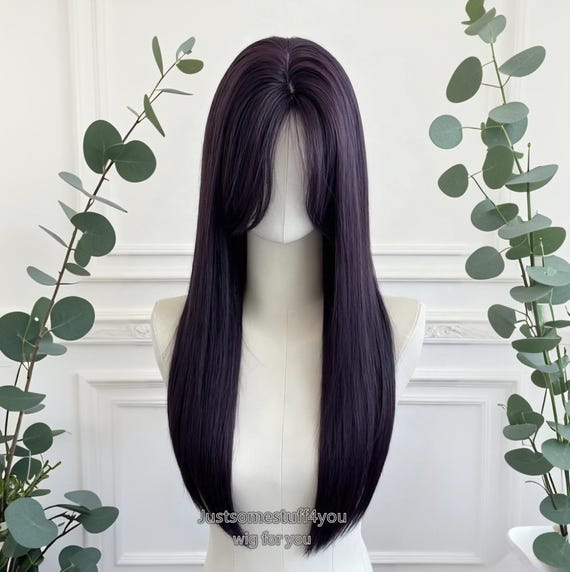 Black Purple Long Straight Wigs, Daily Natural Black Purple