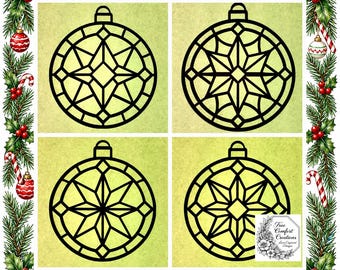 May include: Four black circular Christmas ornaments with intricate geometric star patterns, each featuring a small hanging loop at the top. The designs are set against a light green background, framed by a border of pine needles, holly, and candy canes.