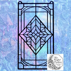 May include: Black laser-cut decorative panel with an Art Deco design. The panel features geometric shapes, including a central diamond and a rectangular frame. A small white logo with floral elements is in the lower right corner.