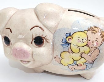 Kitschy Ceramic Piggy Bank Baby Boy Nursery Keepsake Anthropomorphic Mid Century 4" Still Bank