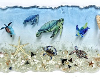 Coastal Sea Turtle Serving Tray Resin Beach Decor Rope Handle Nautical Display