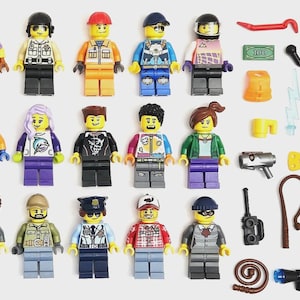 May include: A collection of Lego minifigures with various outfits and accessories. The figures include a police officer, a construction worker, a pilot, and a spy. Accessories include a crowbar, a microphone, and a whip.