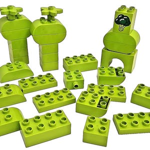 Puede incluir: Un conjunto de bloques de construcción de color verde brillante en varias formas y tamaños. Algunos bloques son rectangulares, otros curvos, y algunos presentan un diseño floral. Un bloque tiene un gráfico de brócoli.
