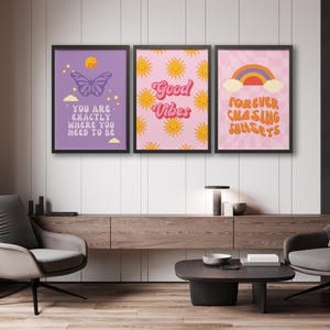 Juego de 3 impresiones psicodélicas enmarcadas de arte retro moderno de mediados de siglo, decoración del hogar funky de los años 70, carteles de pared estéticos vintage coloridos