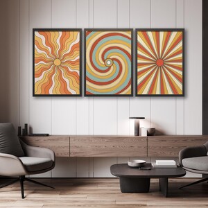 Arte de pared retro de 3 piezas, impresiones enmarcadas de mediados de siglo, estética vintage colorida, decoración psicodélica del hogar de los años 70, carteles de habitaciones funky