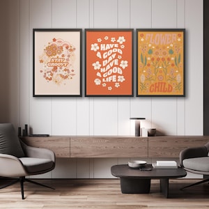 Arte de pared retro enmarcado, impresiones de mediados de siglo en 3 piezas, decoración vintage inspirada en los años 70, estética hogareña abstracta y funky, carteles coloridos