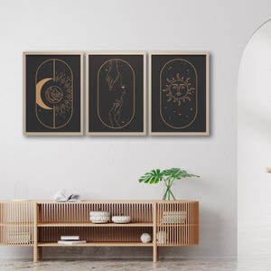 Gerahmte Astrologie-Dekor, 3-teilige himmlische Drucke, Sternzeichen-Horoskop-Kunst, mystische kosmische Raumästhetik für Zuhause & Büro