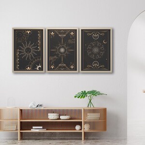 Celestial ingelijste muurkunst, 3-delige dierenriemafdrukken, astrologische horoscoop decor, mystieke kosmische ruimte esthetiek huisontwerp