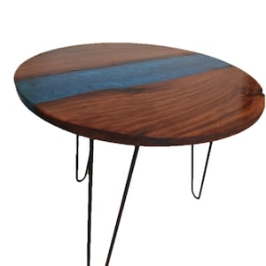 Epoxy End table. Resin Side table with blue inlay