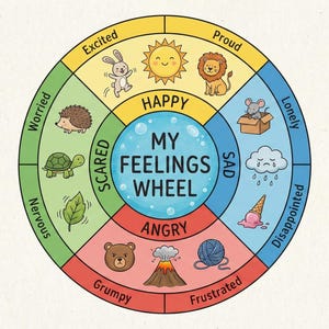 Puede incluir: Una colorida ilustración de la "Rueda de mis sentimientos". La rueda está dividida en secciones que representan emociones como feliz, triste y enfadado, cada una con una imagen de dibujos animados correspondiente. El centro dice "My Feelings Wheel".