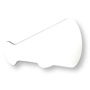 May include: A white megaphone-shaped object with a rounded end and a handle-like extension. The megaphone is set against a white background, casting a subtle shadow. The design is simple and clean.