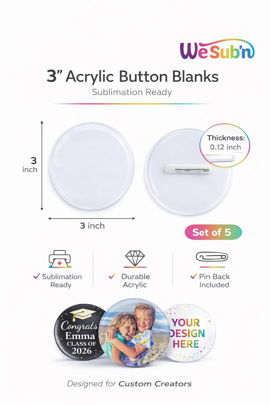 Sublimation Acrylic 3” Buttons Set of (5) - Etsy