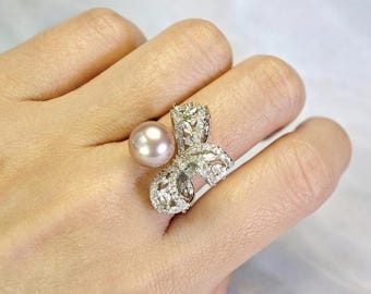 Natürliche Süßwasser Lila Edison Perle Bogen Ring Akzente CZ | 18K Weißgold überzogen | Einzigartiges Mode-Accessoire | Geschenk für sie