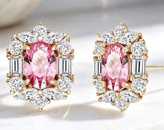 Radiant 6*4mm Oval-cut Padparadscha Sapphire Halo Earrings | Accents Multi-cut Simulated Diamond | S925 Silver 18K Rose Gold Plated