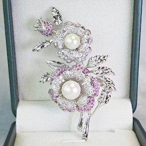 Camellia Brooch with Natural Freshwater Pearl Accents Simulated Diamonds and Pink Sapphire | Silver Tone | Floral Pin | Flower Brooch |